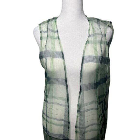 Anthropologie Maeve Plaid Sheer Longline Sleeveless Duster Vest One Size - Picture 3 of 10